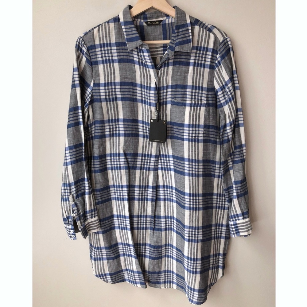 Massimo Dutti • M • Cotton Linen Long Sleeve Half Button Up Plaid Shirt Dress